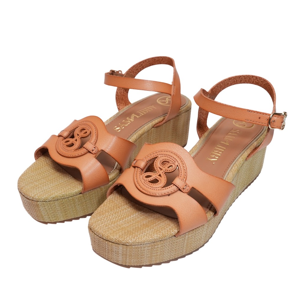 Sam and Libby Camille Wedge Sandal Women 9 Tan Platform Raffia Ankle Strap‎